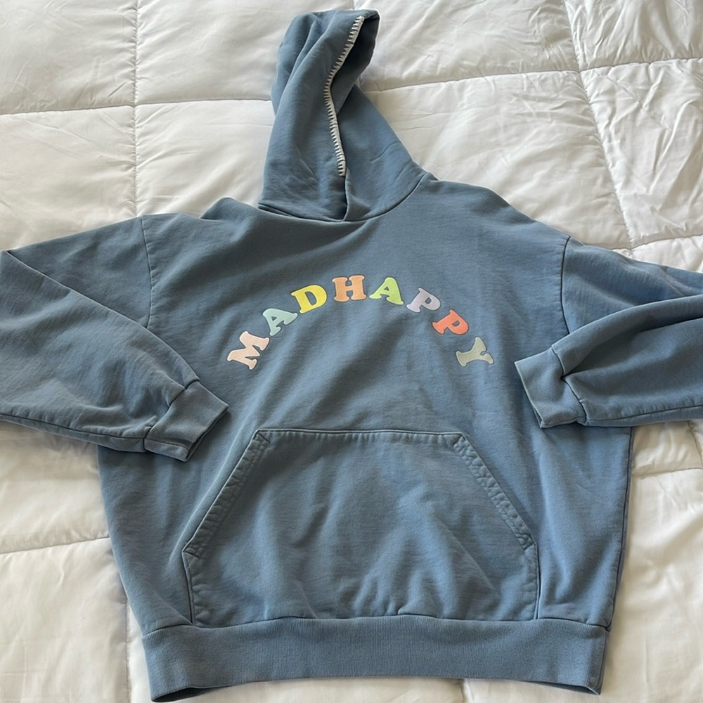 Blue MADHAPPY Hoodie with Multicolor Logo, Medium